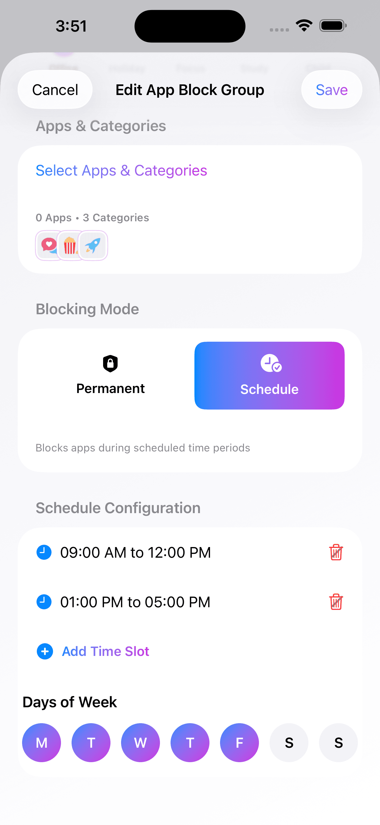 Go Out ScreenTime schedule editor showing time slots and selected days of the week.
